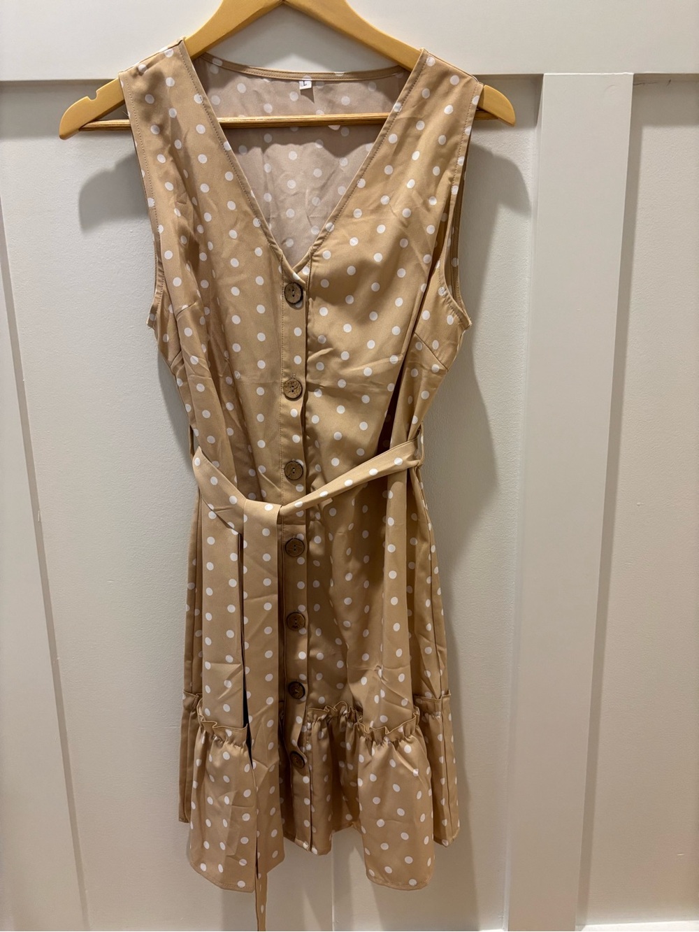 Polka Dot Tan Button-Front Sleeveless Dress